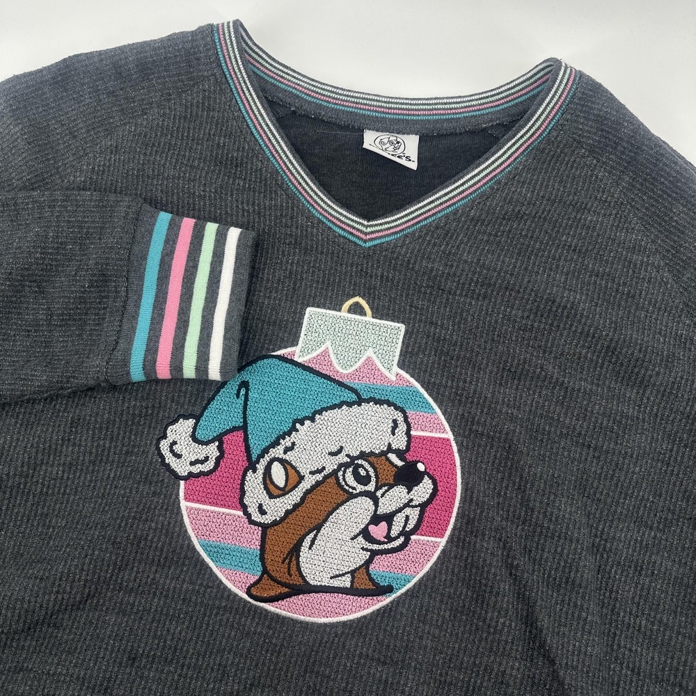 Buc-ee's Sweater Womens Large Gray Thermal Knit V Neck Beaver Christmas Holiday